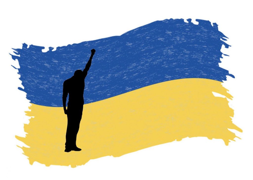 znak Obywateli RP na tle ukraińskiej flagi